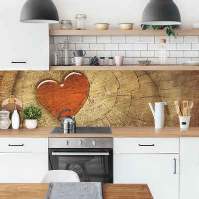 Bilderdepot24 Küchenrückwand braun dekor Holzoptik Muster Natural Love Wandverkleidung Küche, (1-tlg., Nischenrückwand - für Fliesenspiegel ohne Bohren - matt), Spritzschutz Rückwand Küche Herd - Folie selbstklebend versch. Größen