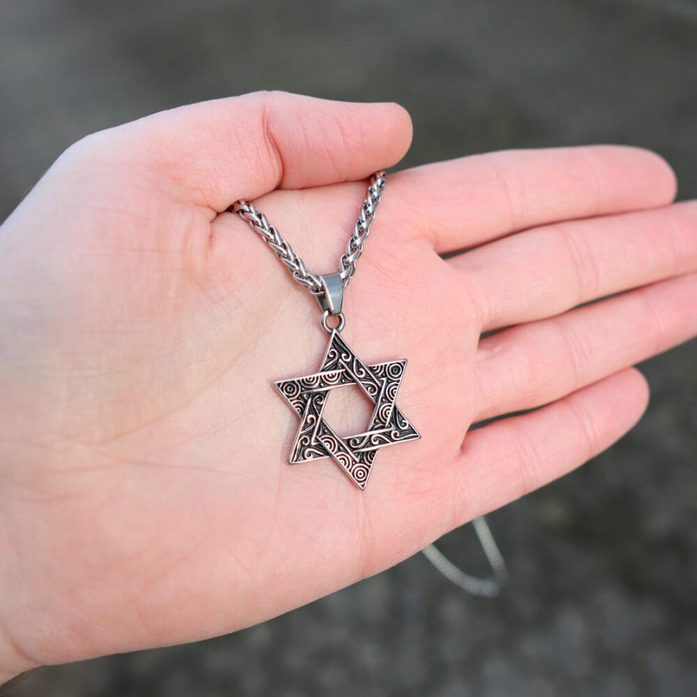 DALMARO Kette mit Anhänger Lederkette Edelstahlkette 316L DAVIDSTERN, Herren Halskette Biker / Wikinger Kette - Schmuckbox