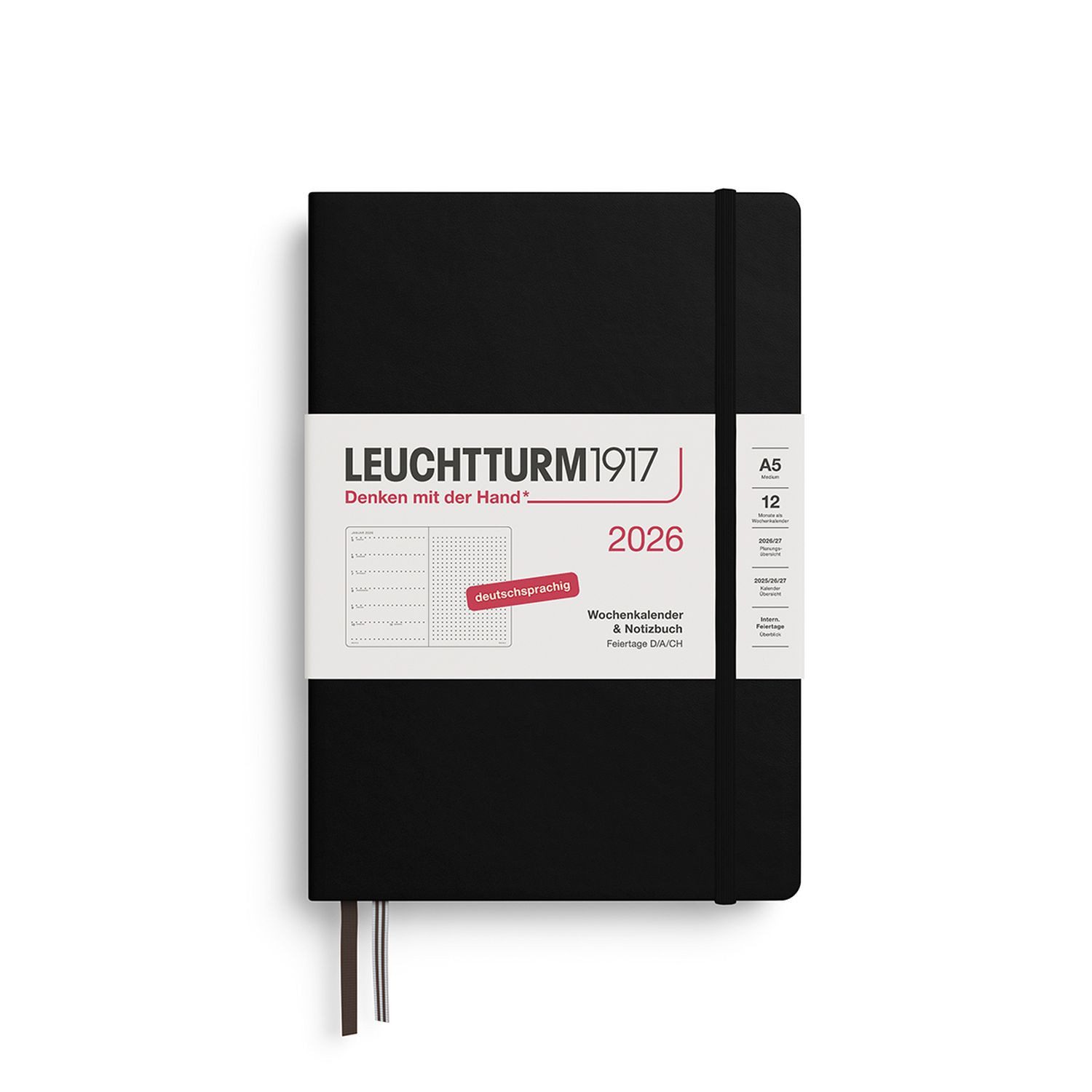 Leuchtturm1917 Taschenkalender Wochenkalender 2026 & Notizbuch Dotted Medium A5 Hardcover Schwarz