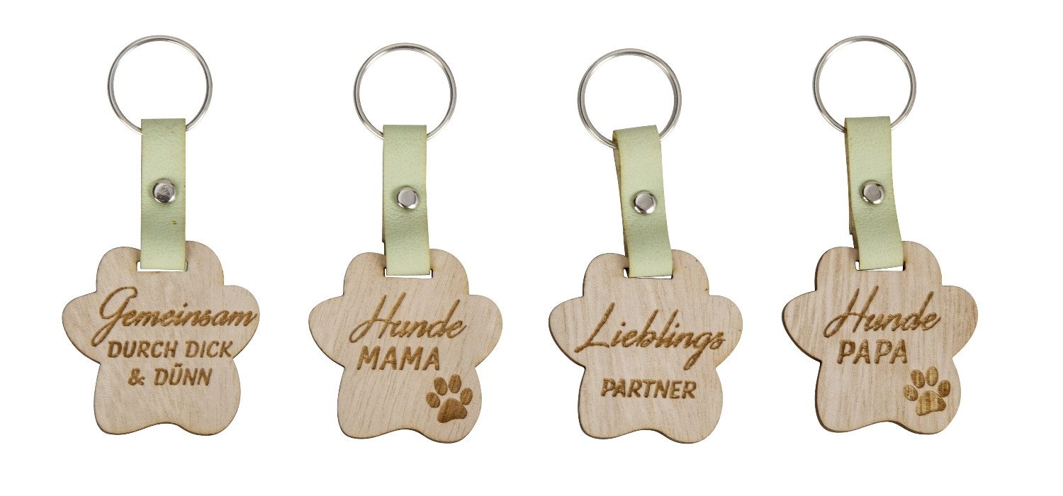 Mel-O-Design Schlüsselanhänger Schlüsselring Hundepfoten mit Sprüchen (4er Set, aus Holz), kleines Geschenk für Hundefreunde