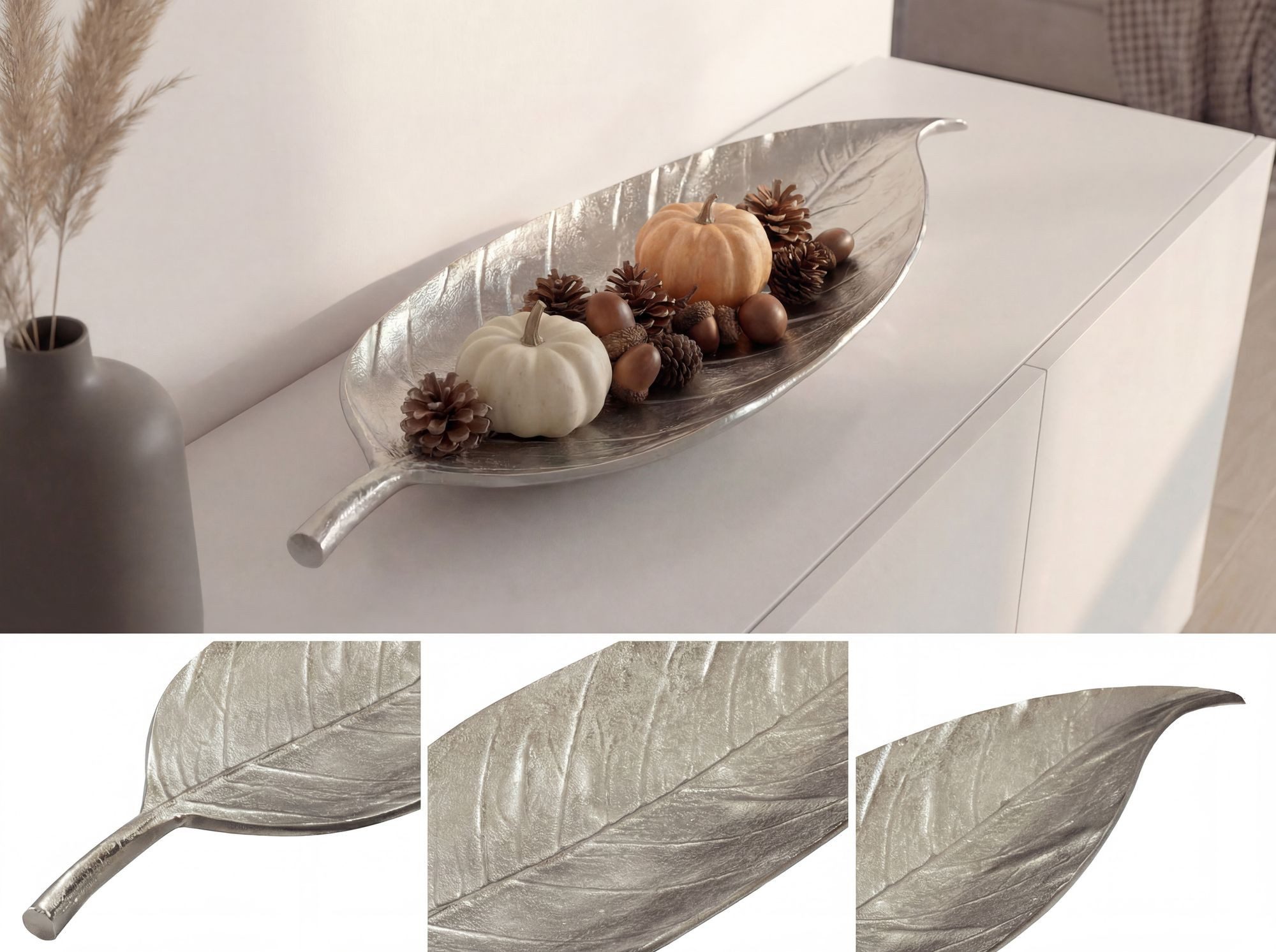 FINEBUY Dekoschale FB77645 Tischdeko 60cm Silber Aluminium Wohnaccessoire Metallschale (Längliches Wohnaccessoire aus leichtem Aluminium), Dekoratives Aluminium – Bild 4 von 5