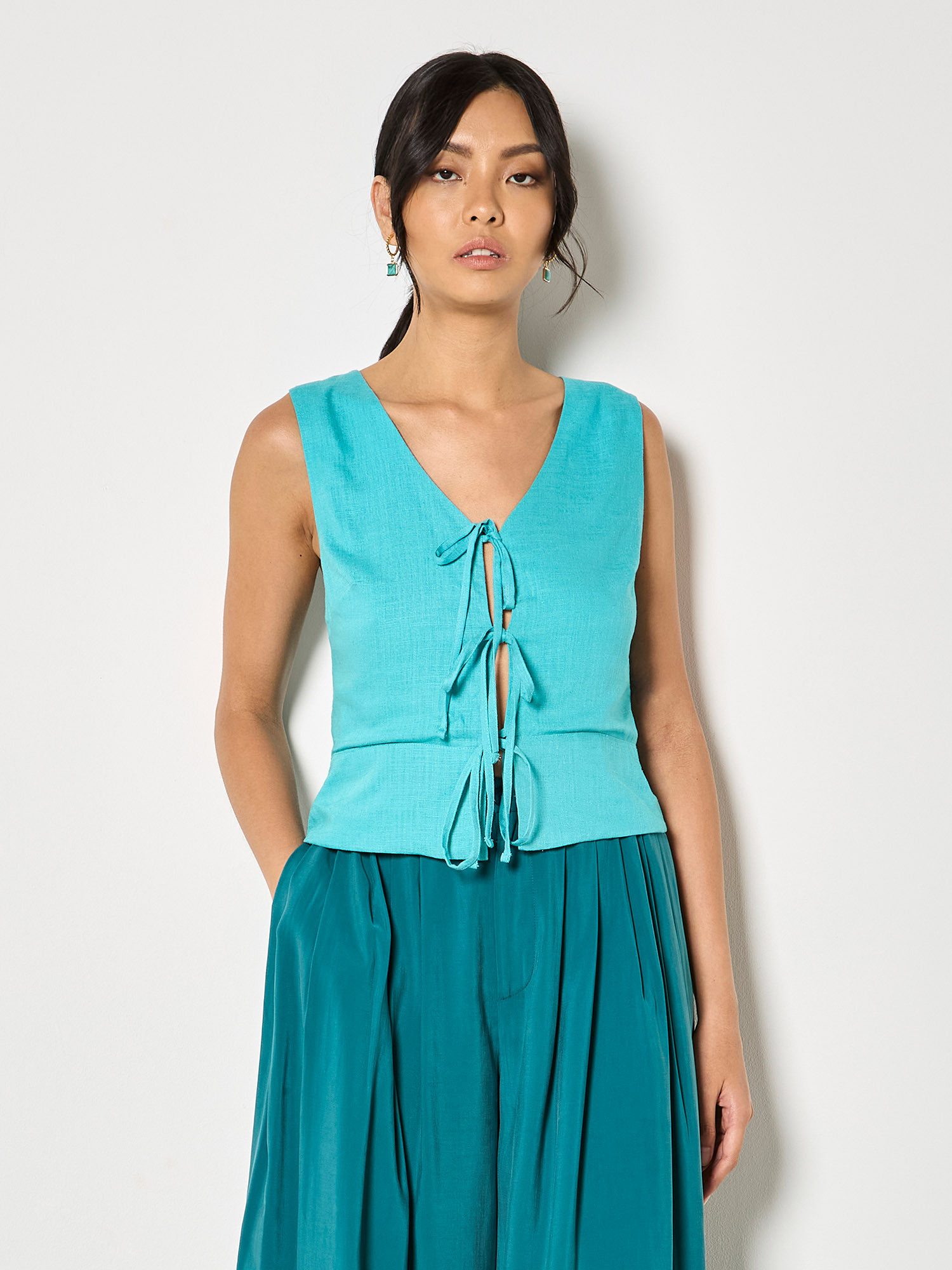 Apricot Stricktop Leinenmisch-Weste (2-tlg) mit Bindeband