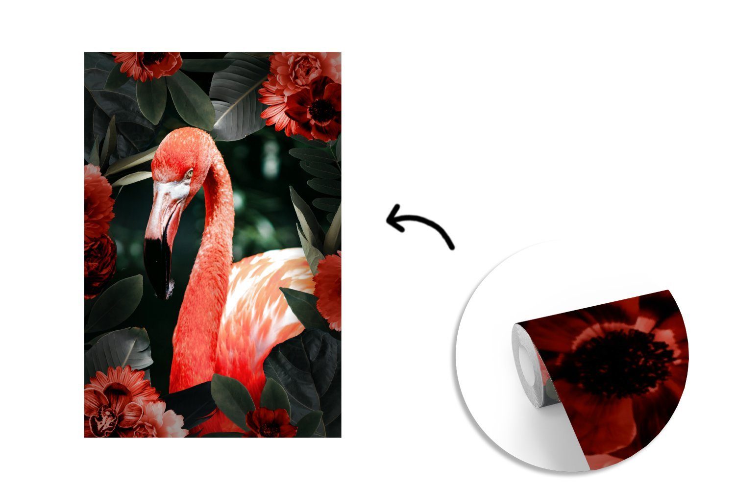 Blume, Vinyl Matt, MuchoWow St), für Wandtapete Wohnzimmer, - (3 Rot bedruckt, - Flamingo Montagefertig Fototapete Tapete
