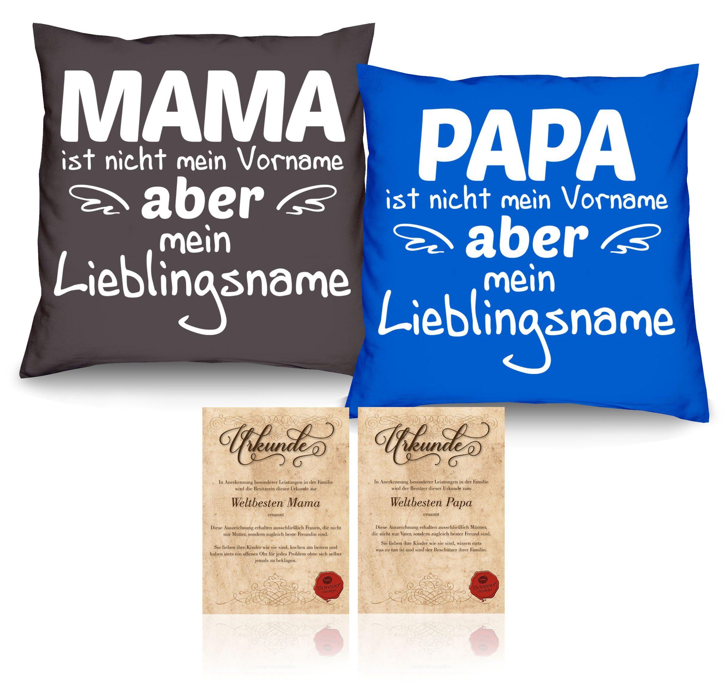 royal-blau Muttertag Mama mit Soreso® Dekokissen Urkunden, Papa Lieblingsname Vatertag Kissen-Set Geschenk Lieblingsname