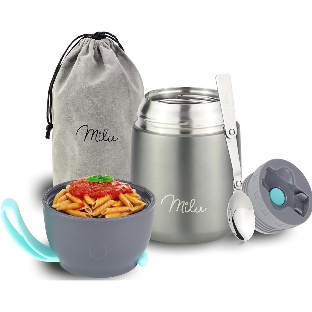 Milu Thermobehälter Essensbehälter 450ml, Warmhaltebehälter mit Löffel, Thermobecher, Edelstahl, grau