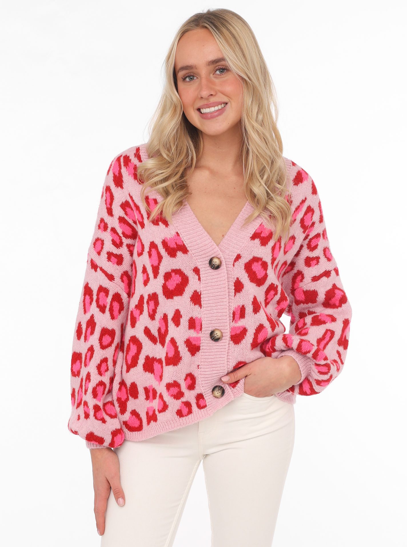 Zwillingsherz Strickjacke "Big Leo" mit Knöpfen und auffallendem Leo Muster, One Size