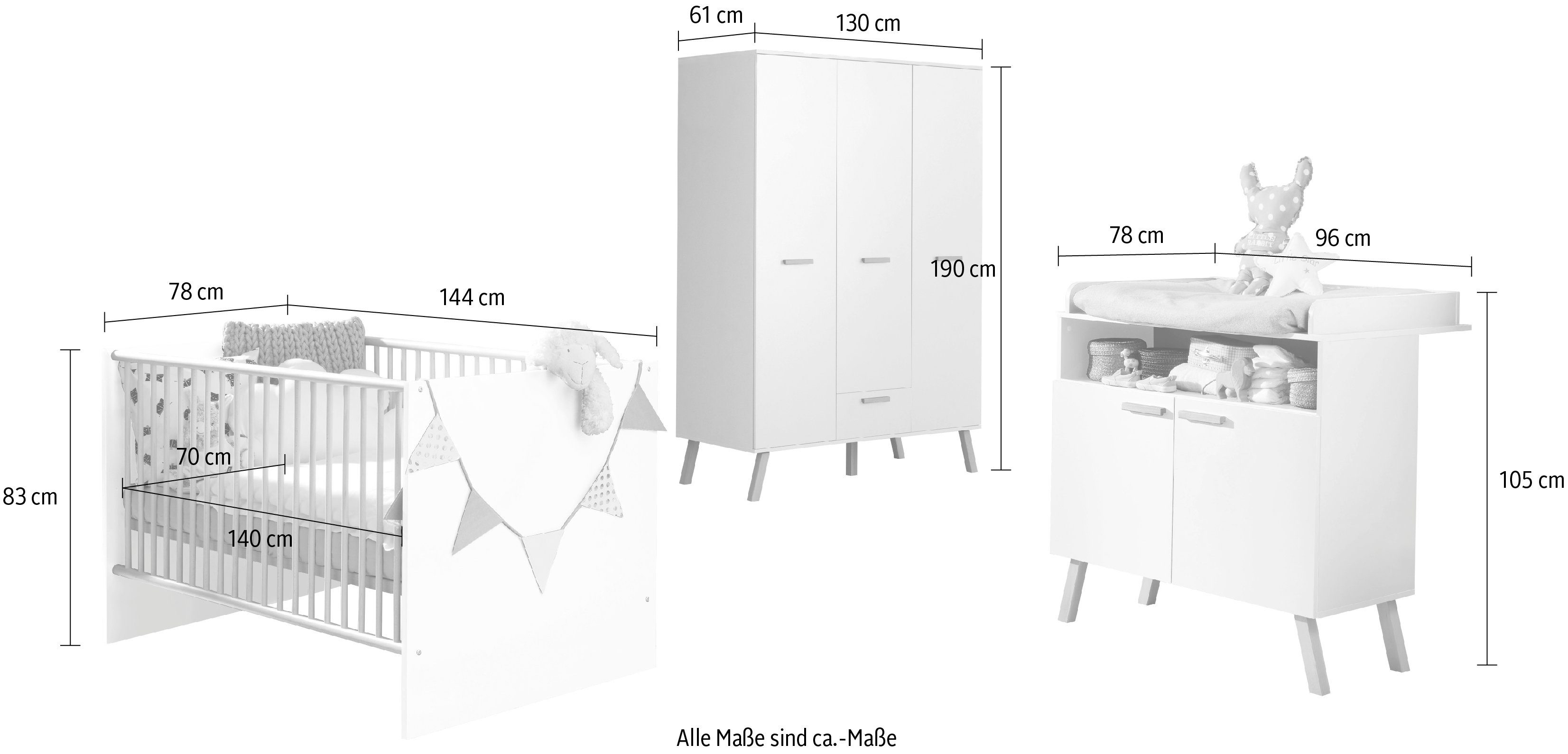 Schrank) (Set, Babymöbel-Set trendteam 3-St., Bett, Sägerau Mats, Melamin/Eiche Wickelkommode, Weiß