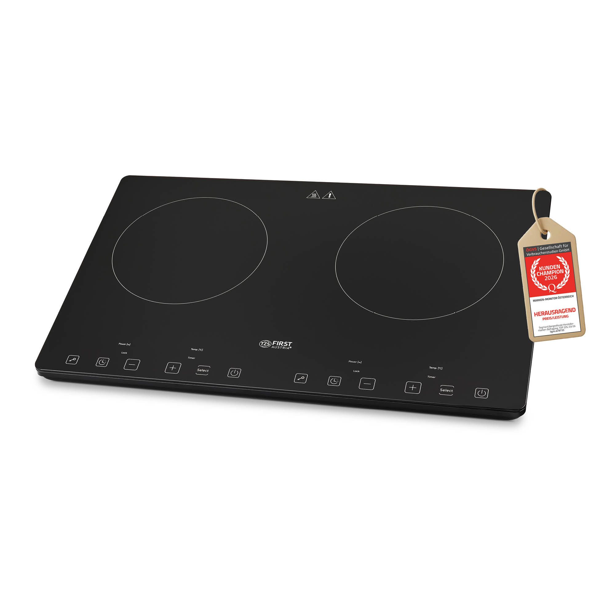TZS FIRST AUSTRIA Doppelkochplatte 3400W, Induktionskochplatte, 10 Temperaturstufen & Timer, Slim Design, 2x210 mm Kochzonen, Kindersicherung, Überhitzungsschutz, Touch Control