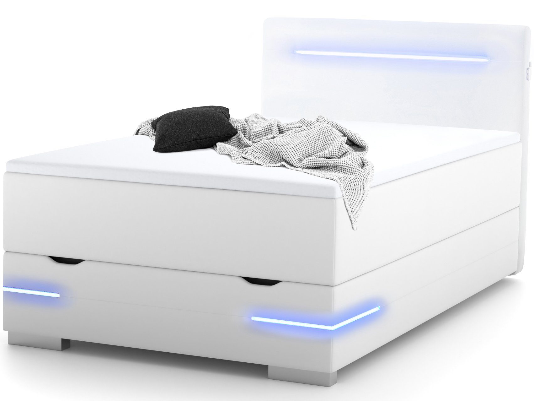 wonello Boxspringbett Dallas, inkl. LED-Beleuchtung, Bettkasten, 2x USB-Anschluss und Topper weiß | Seniorenbetten