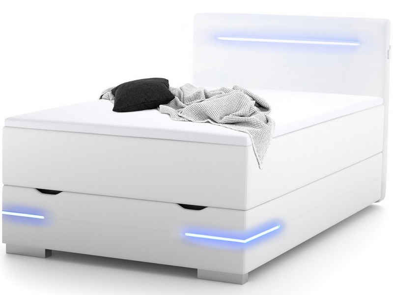 wonello Boxspringbett Dallas, inkl. LED-Beleuchtung, Bettkasten, 2x USB-Anschluss und Topper