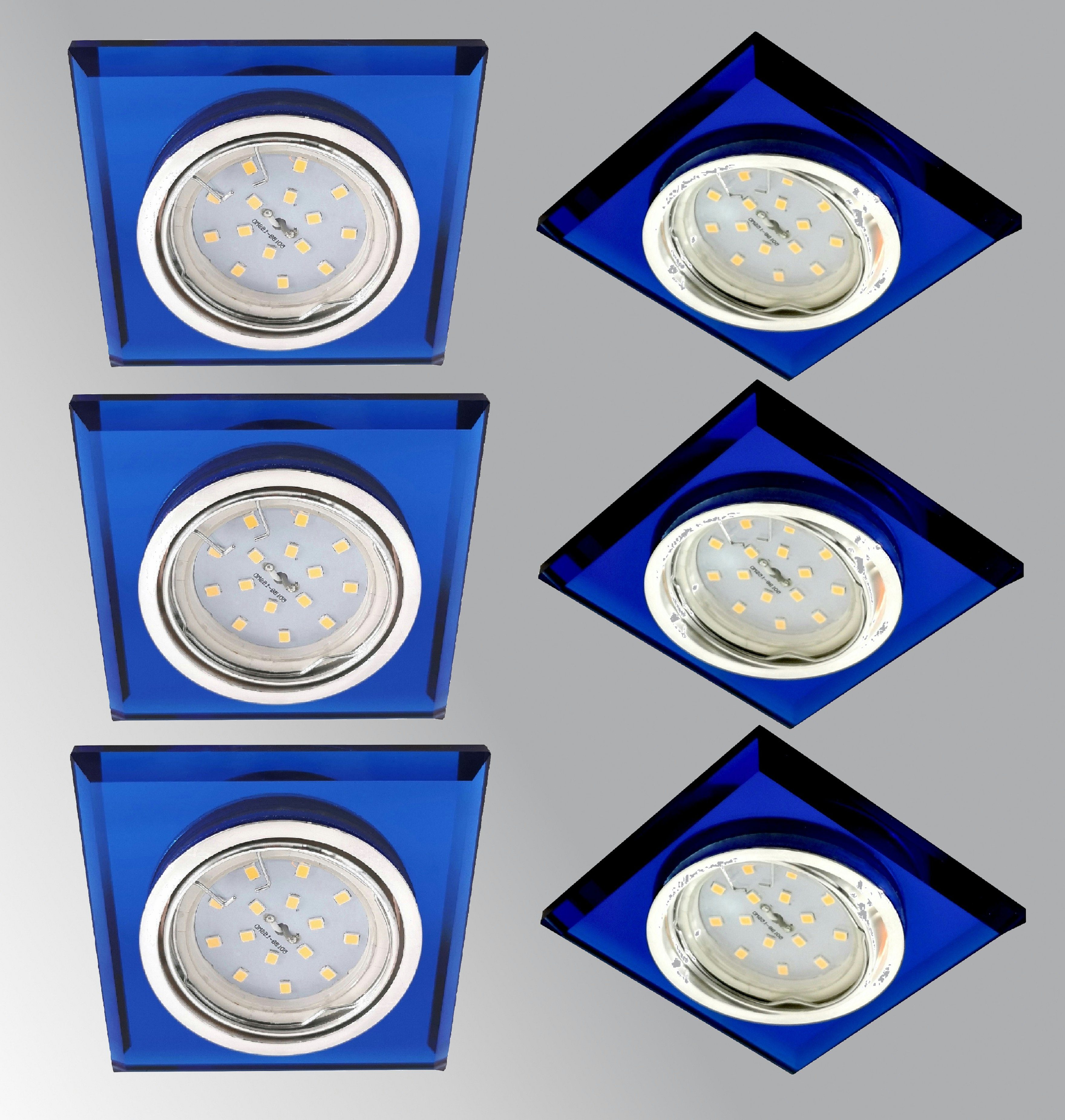 TRANGO LED Einbauleuchte, 6er Set 6736B-06GUSD-AK *BLUE CRYSTAL* LED Deckenstrahler aus Echtglas (handgeschliffen) & Alu inkl. 6x 3-Stufen dimmbar GU10 LED Leuchtmittel 3000K warmweiß, Einbauspot, Deckenleuchte, Einbaustrahler