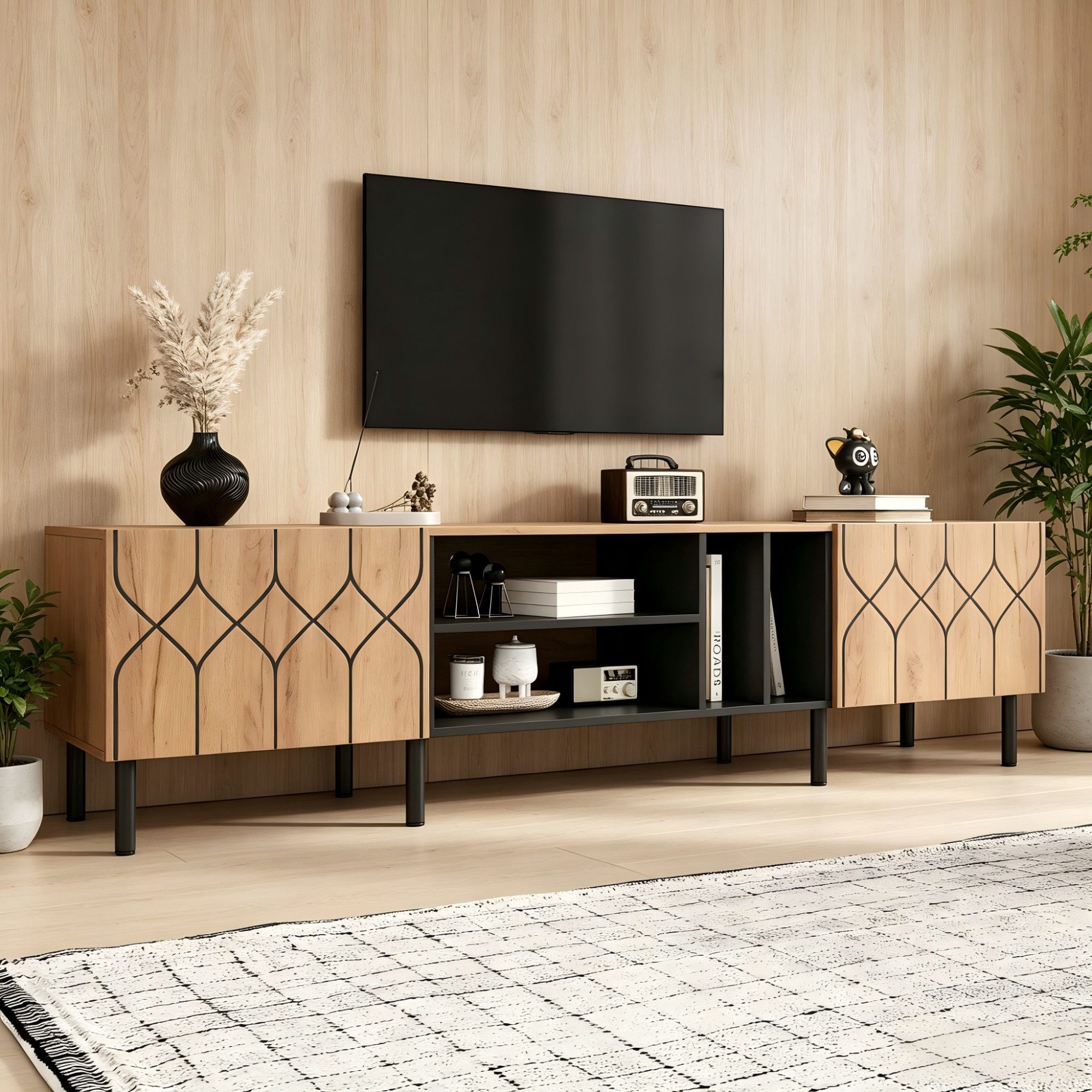 Lowboard TV-Schrank mit 2 Türen und 4 offenen Fächern