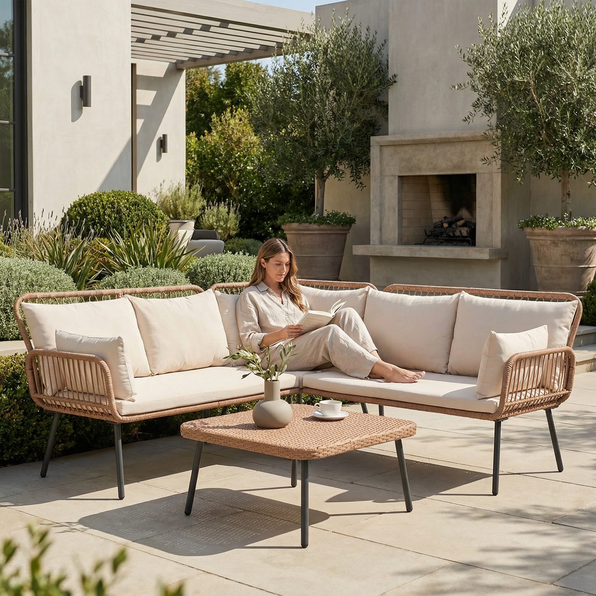 JOIVI Gartenlounge-Set 4-tlg Garten Lounge Set, Outdoor Rattan Garten-Sofa Set, (mit Couchtisch und Sitzkissen, 3 Packet insgemst, L-förmige Terrasse Unterhaltungssets), für Terrasse, Balkon, Garten, (Creame Beige)