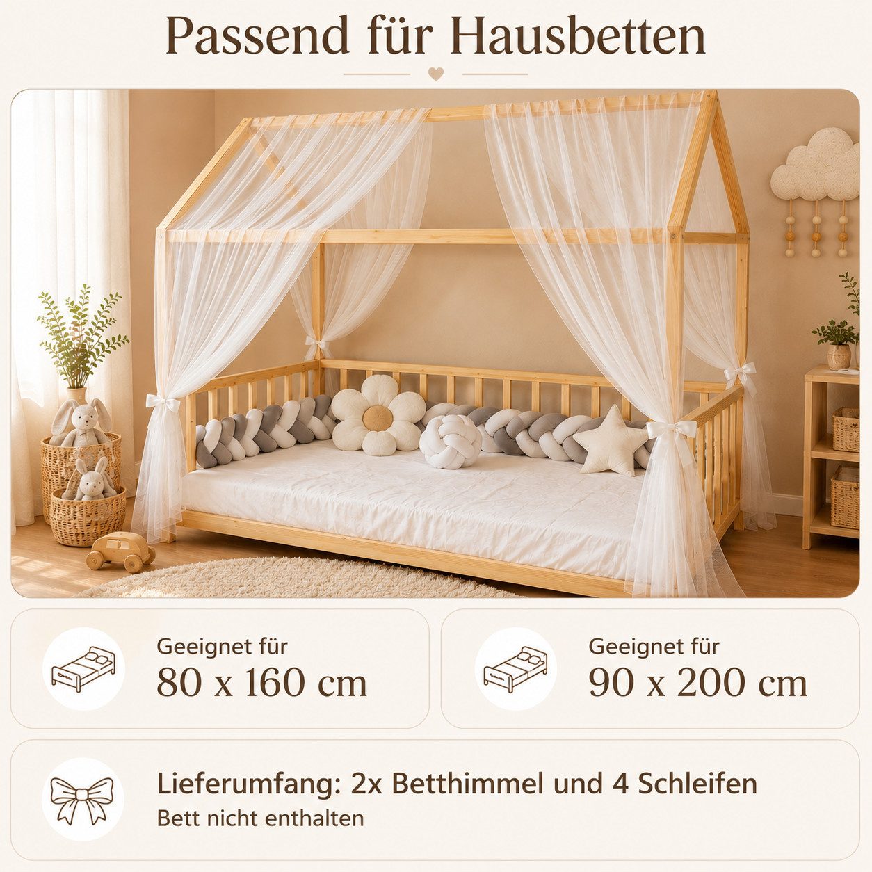 Baby Fancyroom Betthimmel Hausbett Himmel Premium Tüll, Baldachin für Kinderbett Mädchenzimmer, 2-teilig, mit 4 Schleifen, Premium Tüll