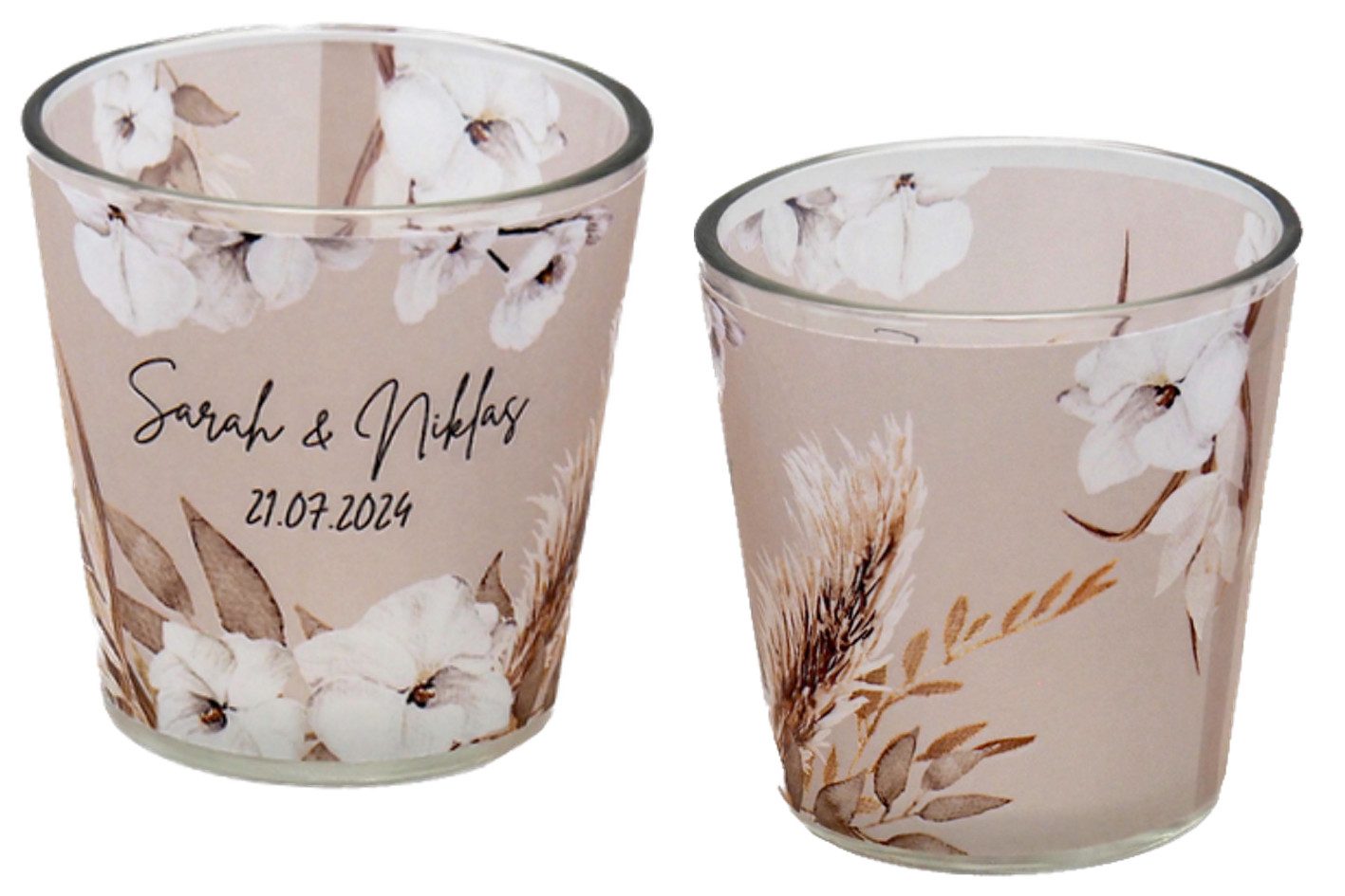 ZauberDeko Teelichthalter Windlicht Banderole Boho Gräser Hochzeit MIT NAMEN Personalisiert