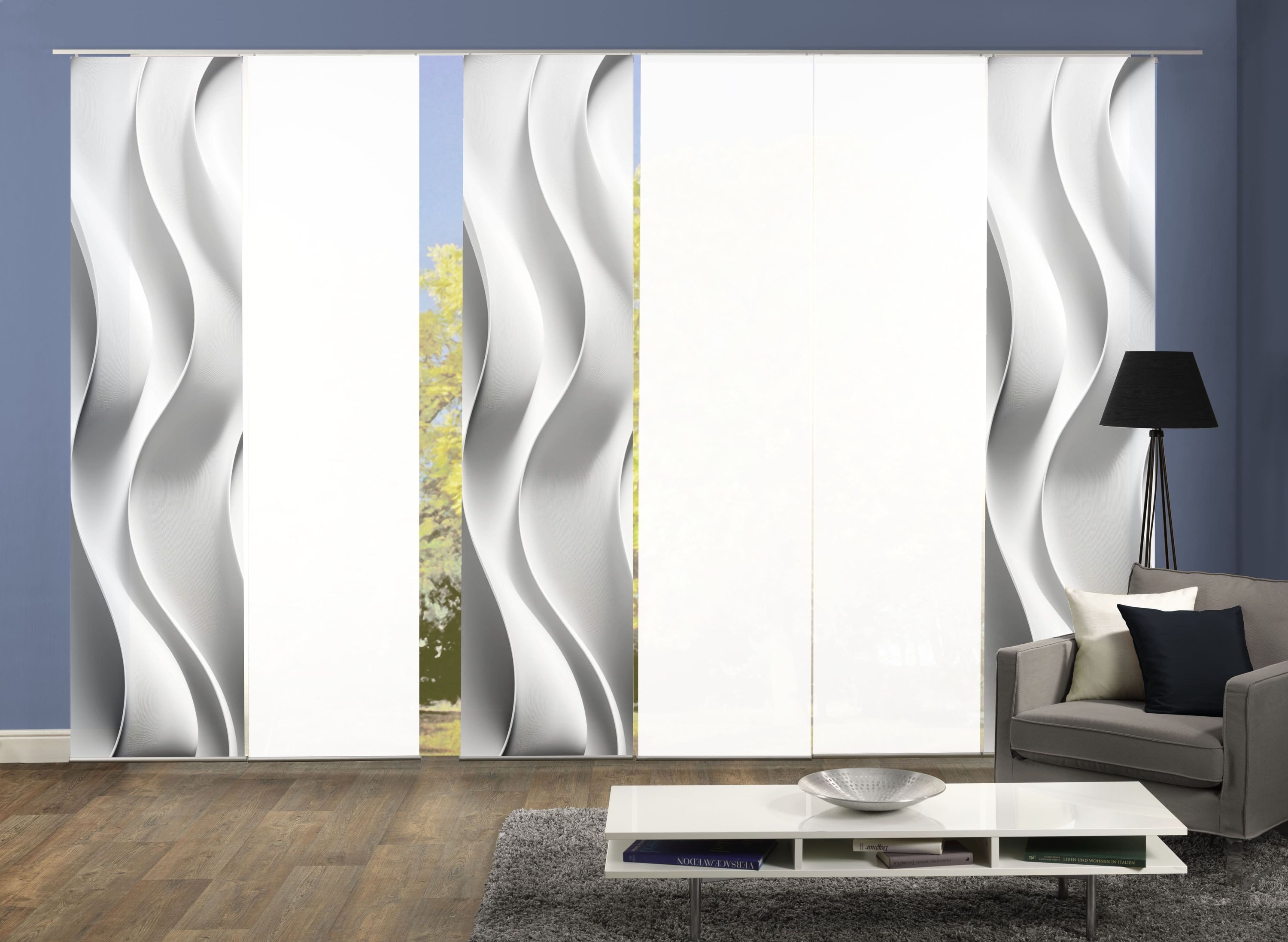 HOME WOHNIDEEN Schiebegardine Schiebegardine JAIR in Seidenoptik - Wellendruck, 245x60 cm, Zubehör (6 St), Paneelwagen, halbtransparent, 100% Polyester – Bild 4 von 5