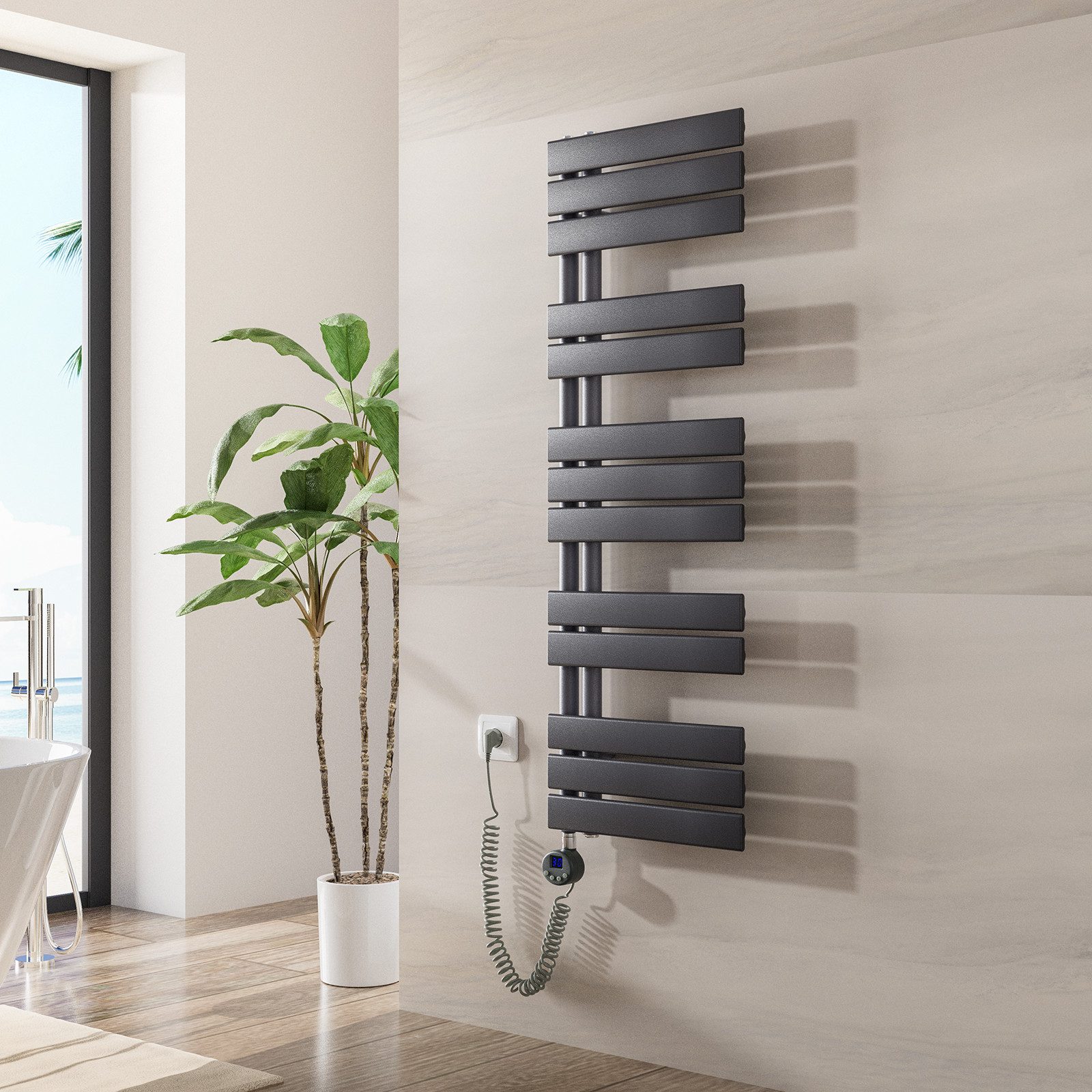 MEYKOERS Elektrischer Badheizkörper 117,6 x 40 cm, 600W, WLAN, Asymmetrisch, Anthrazit Handtuchwärmer mit Smart App-Steuerung und 7-Tage-Programm