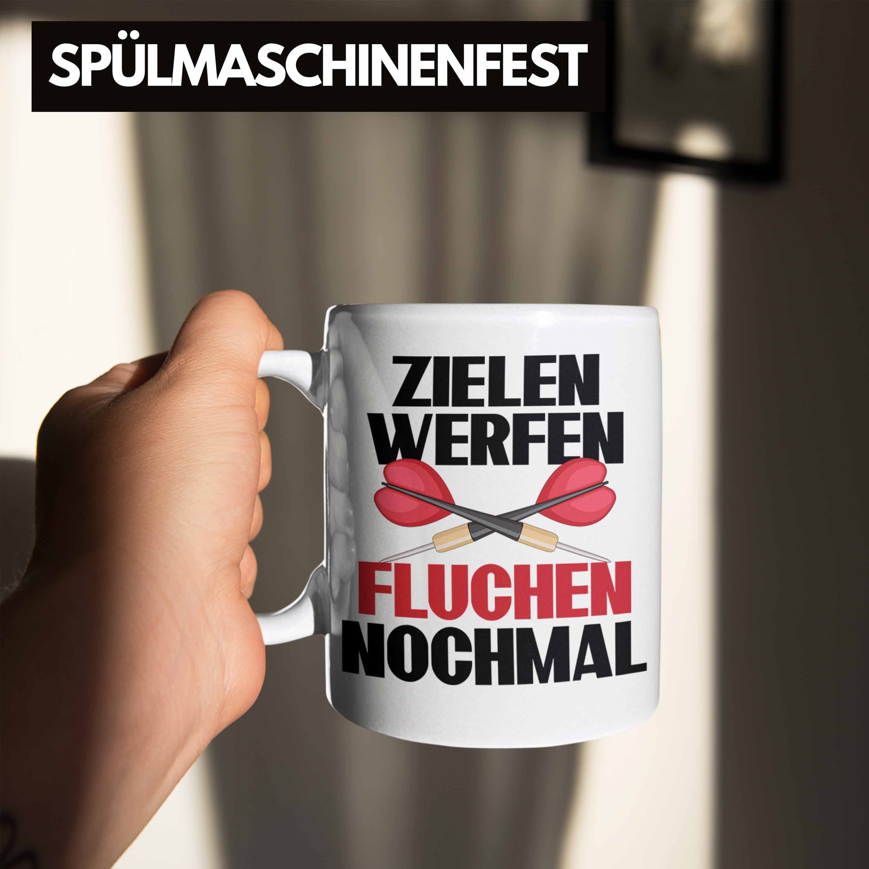 Trendation Tasse Trendation - Darts Spruch Weiss Tasse Dart-Spieler Zielen Lustiger Werfen Fluchen Geschenkidee Geschenk Nochmal