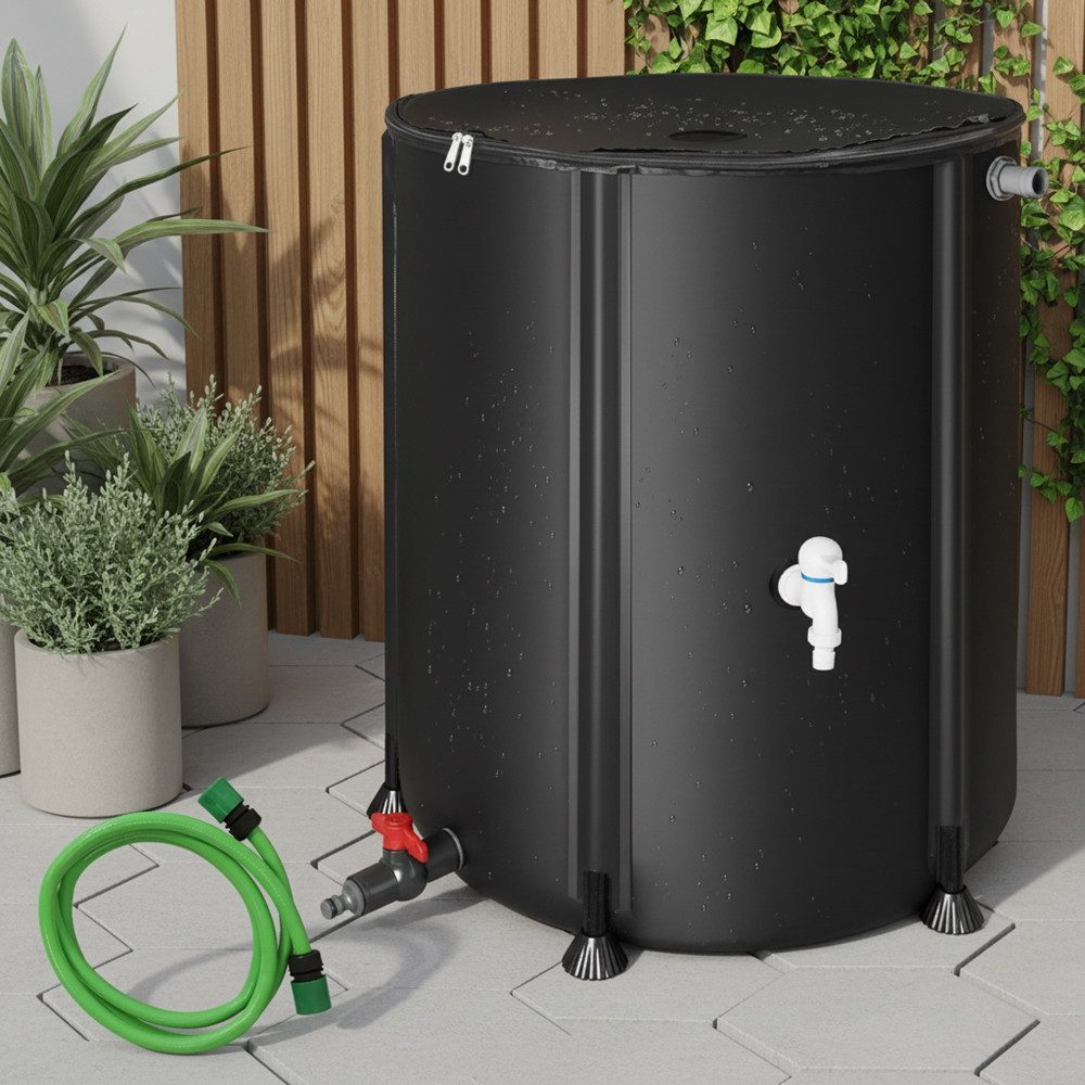 Mucola Regentonne Regenwassertonne faltbar Regenfass Wassertank Regenwassertank mit Hahn, 250 l, (Stück, 1-tlg., Stück), inkl. 2 Meter Wasserschlauch mit Anschluss