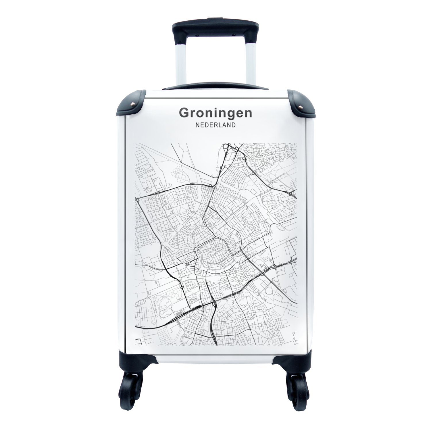 MuchoWow Handgepäckkoffer Stadtplan - Schwarz und weiß - Groningen, 4 Rollen, Reisetasche mit rollen, Handgepäck für Ferien, Trolley, Reisekoffer