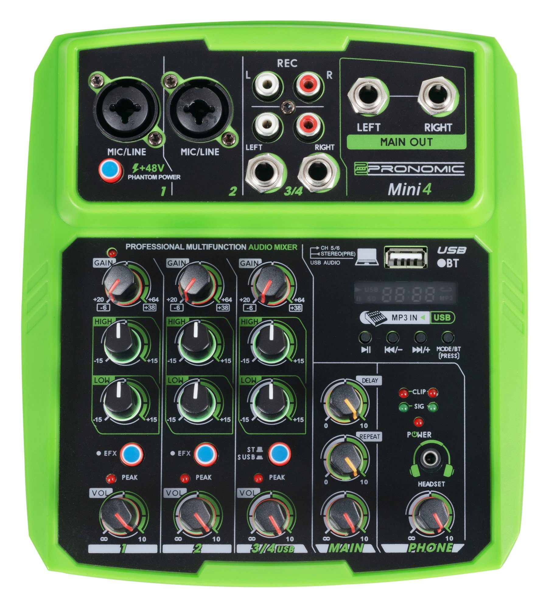 Pronomic Mischpult Mini4 USB-betriebener 4-Kanal Mixer, (2-tlg), mit Medienplayer/-recorder mit Bluetooth und USB - Audio-Interface