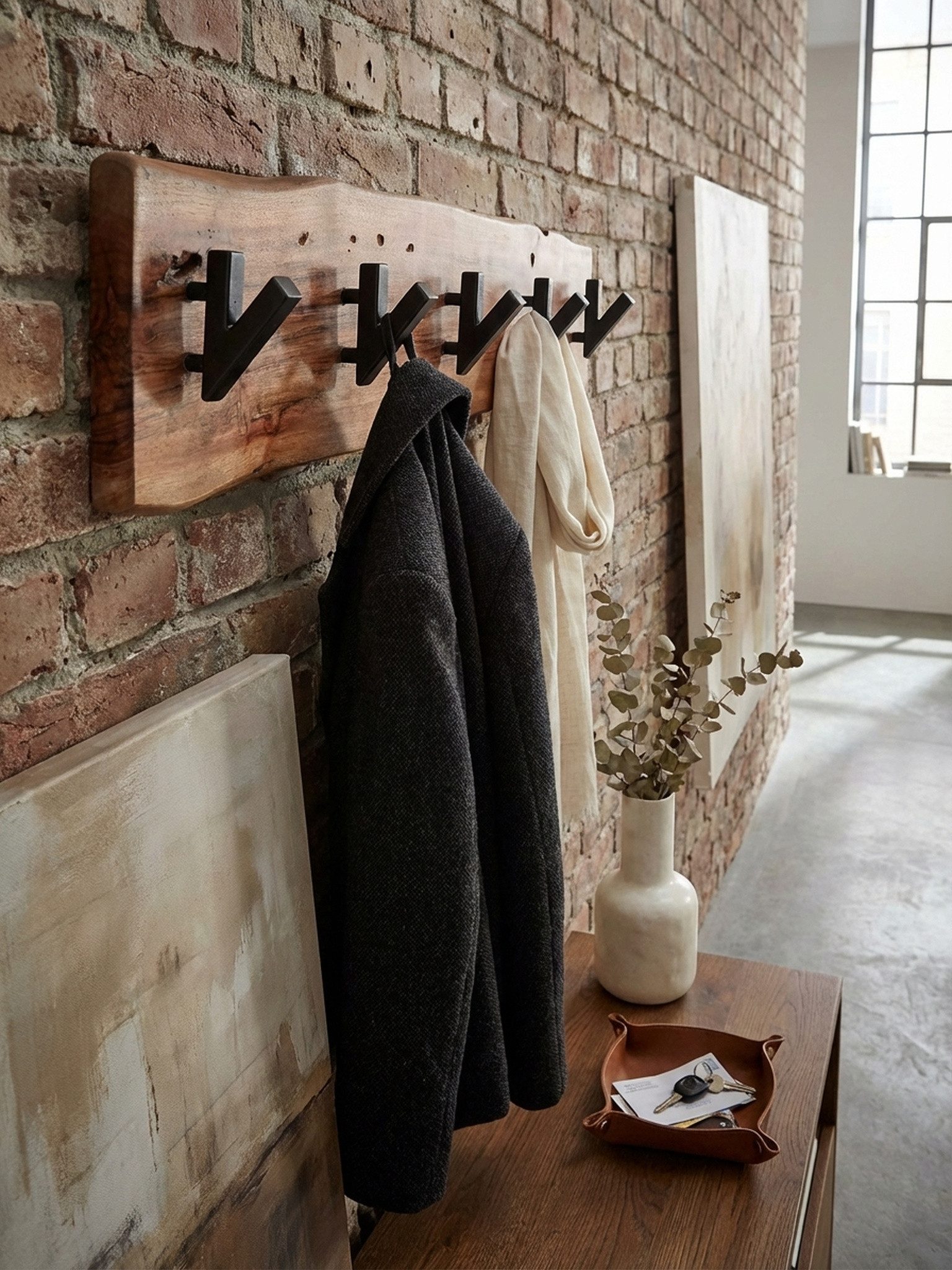 KADIMA DESIGN Wandgarderobe Design Wandgarderobe Akazie Massivholz / Metall 60 x 17 x 9 cm (Garderobe Holz), Hakenleiste Flurgarderobe Wand