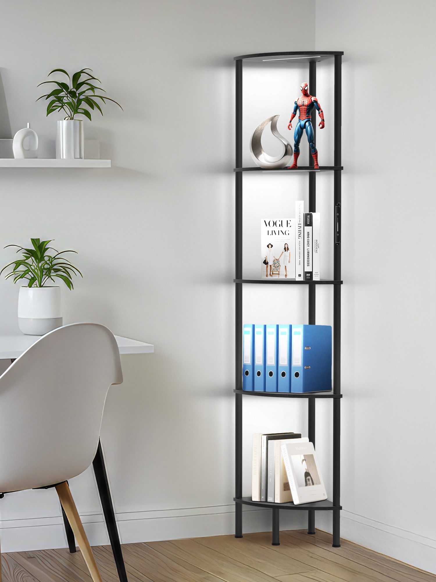 OUTON Stehlampe LED-Bücherregal im Vintage-Stil, 5 Ebenen, dimmbar, 3000K–6500K, gelb/schwarz