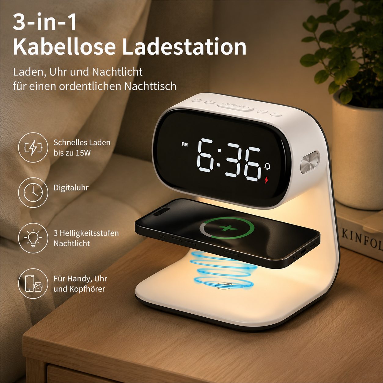 Toomoke 3 in 1 Kabellose Ladestation 15W mit Digitaluhr und Nachtlicht Induktions-Ladegerät (für iPhone, Samsung,Apple Watch, AirPods,Other Qi-Certitied iPhone, 3 Helligkeitsstufen)