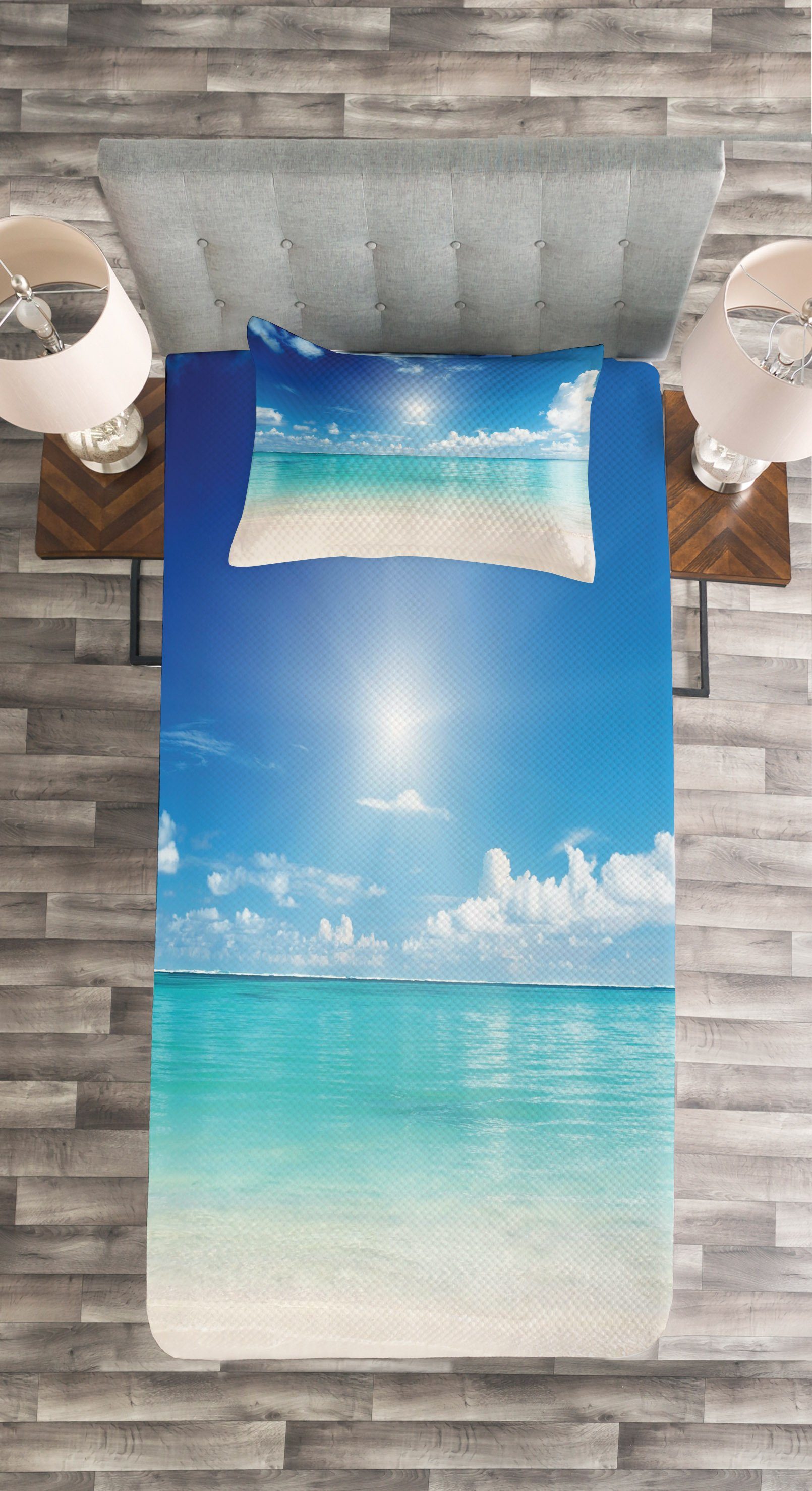 Tagesdecke Set mit Kissenbezügen tropisches Landschaft Himmel und Meer Waschbar, Abakuhaus