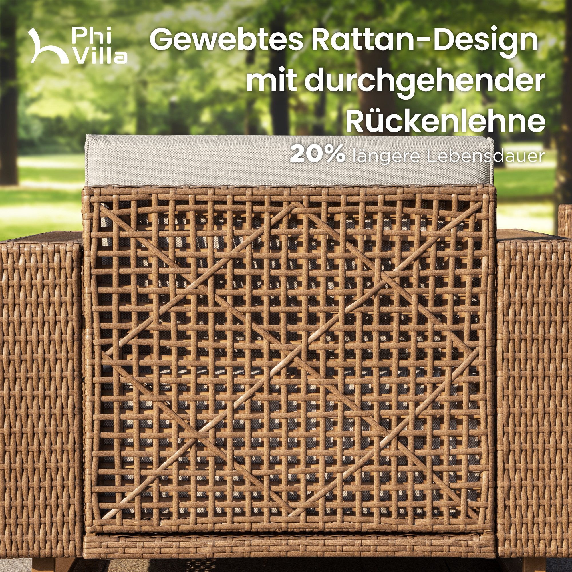 PHI VILLA Gartenlounge-Set, (Rattan Gartenmöbel Set Balkonmöbel, Allwetter Gartensofa Terassenmöbel Außen mit Dicken Weißen Kissen), Lounge Möbel Outdoor Sofa Sets für Garten und Terrasse