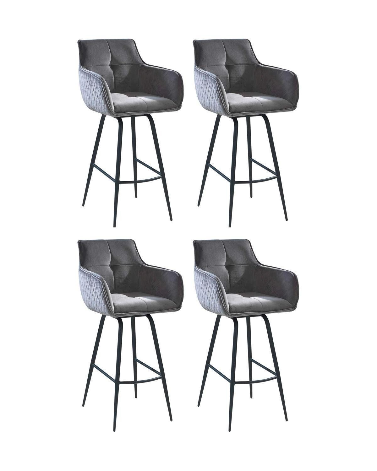 Barhocker, 4er Set, H 106 cm, Grau, Samt, Metallgestell