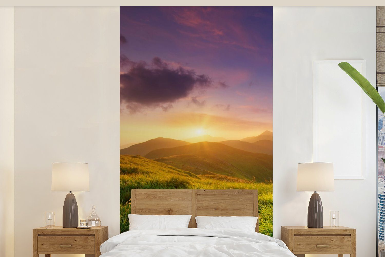MuchoWow Fototapete Berge - Sonne - Natur, Matt, bedruckt, (2 St), Vliestapete für Wohnzimmer Schlafzimmer Küche, Fototapete