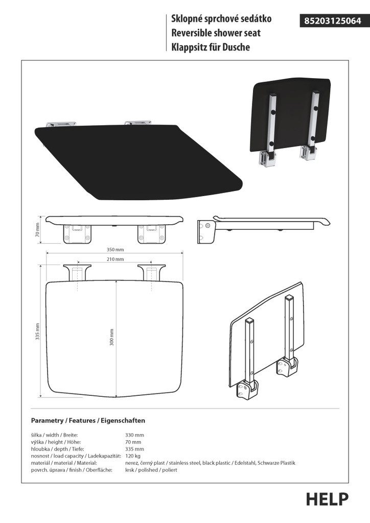 BRILLANTBAD® Duschhocker BELP Duschklappsitz Edelstahl poliert Kunststoff Schwarz Bad >> Bohren