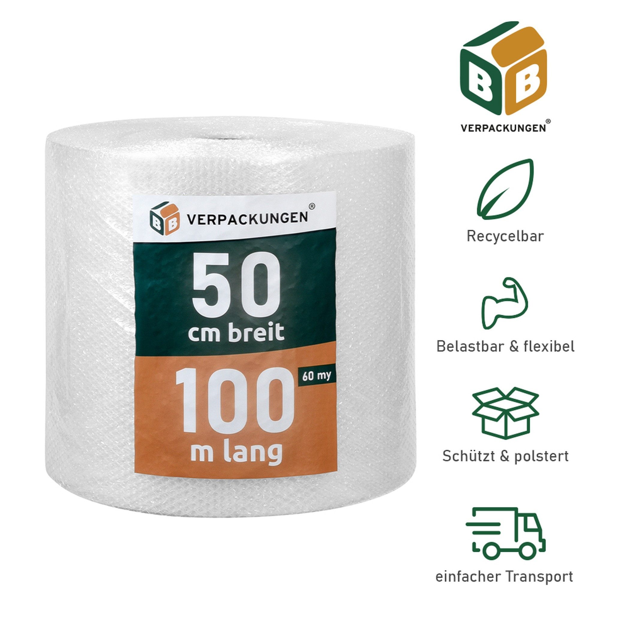 BB-Verpackungen Schutzfolie Luftpolsterfolie (0,5 x 100 m) 2-lagig, (4-St), 2-lagig, 0,5 x 100 m, 60 my