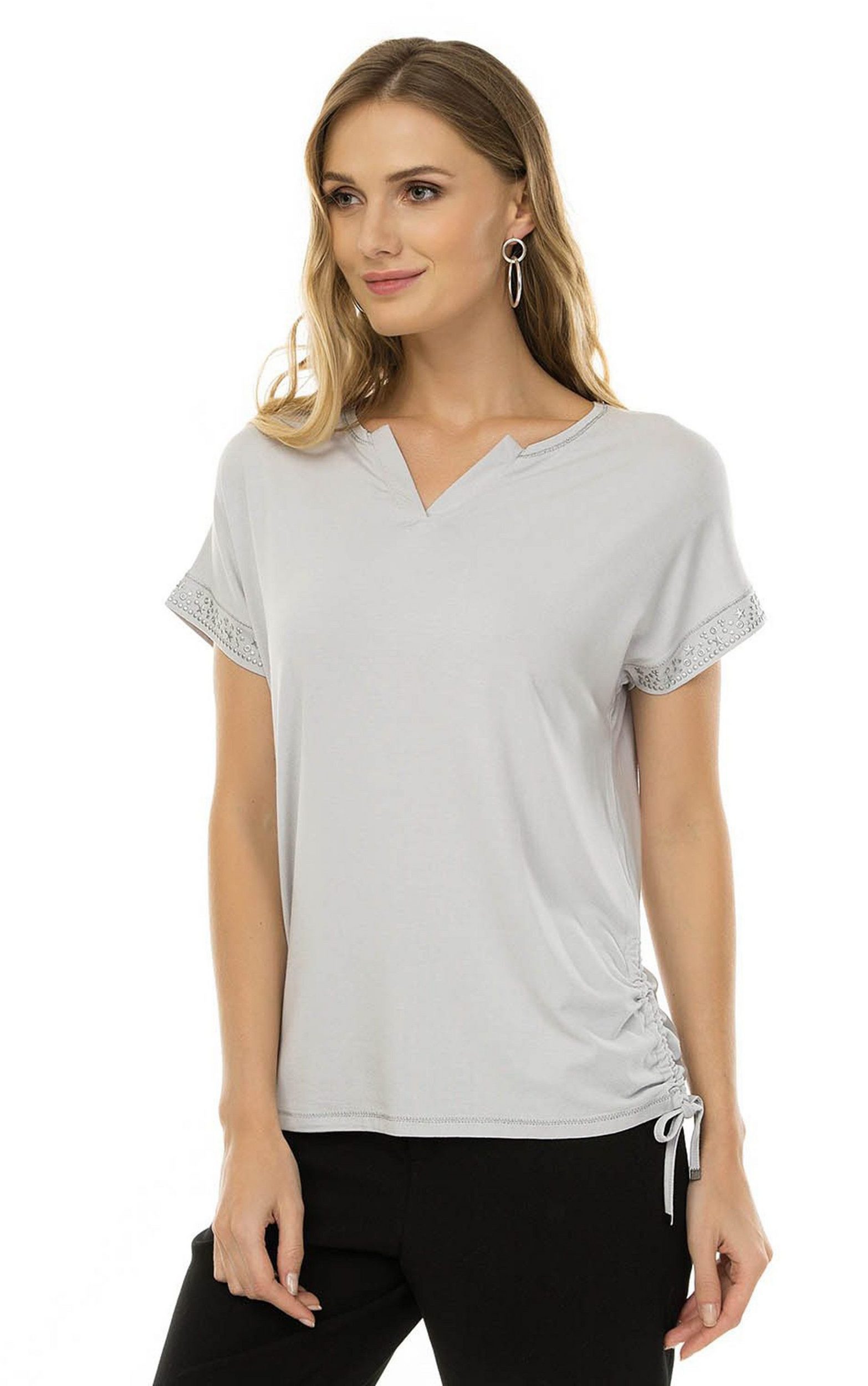 Passioni T-Shirt mit Glitzersteinen und gerafften Schlitzen