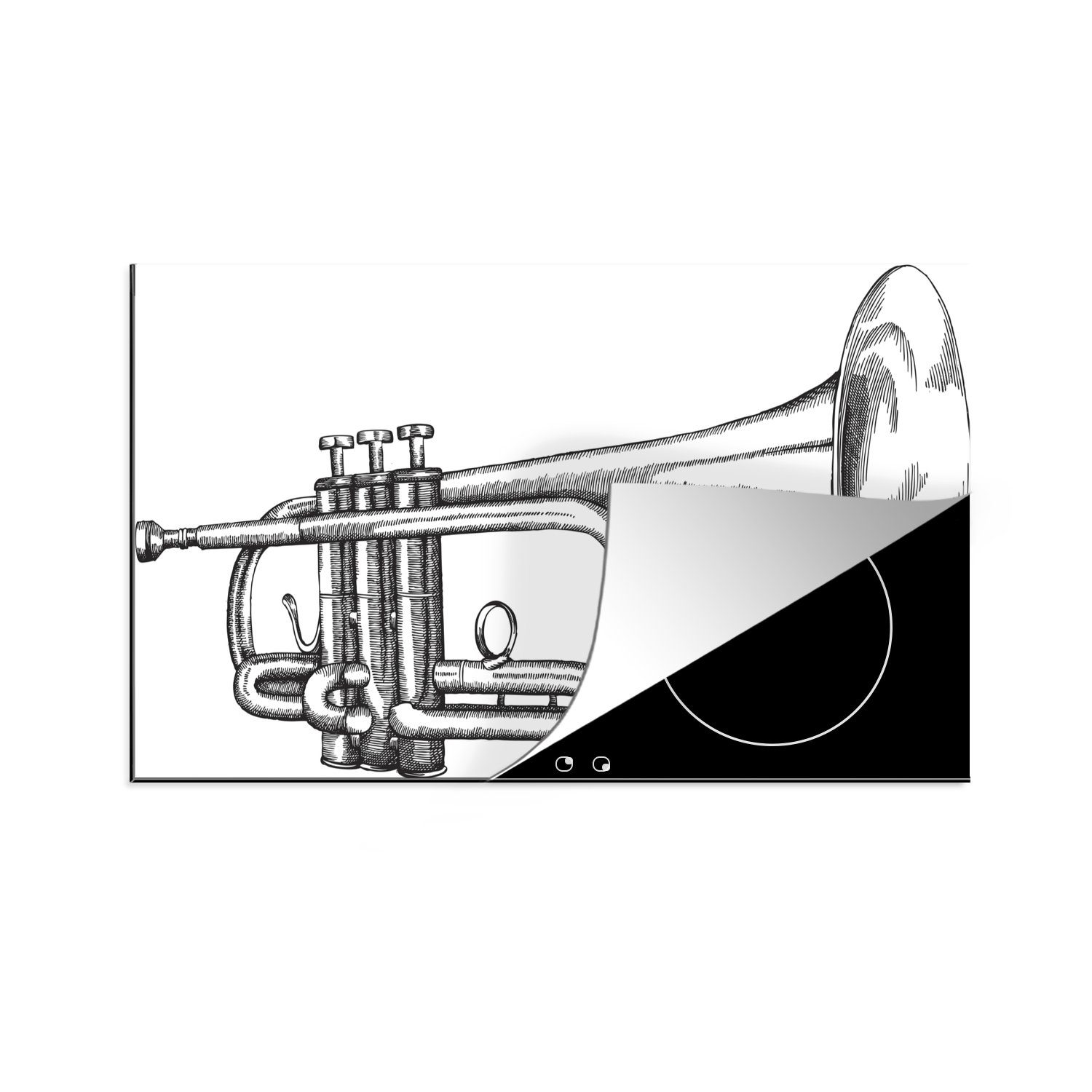 MuchoWow Herdblende-/Abdeckplatte Trompete, tlg), (1 83x51 der küche Schwarz-Weiß-Abbildung Vinyl, einer Seite für cm, Ceranfeldabdeckung, Arbeitsplatte