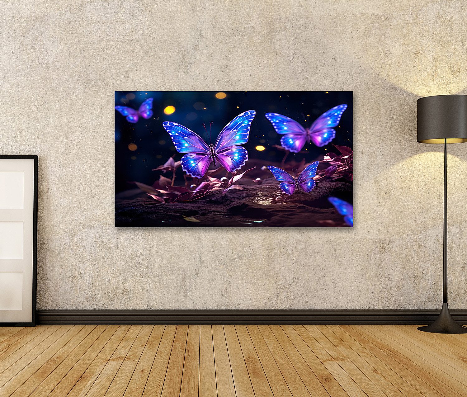 islandburner Leinwandbild Blau lila Neon Schmetterlinge günstig online kaufen