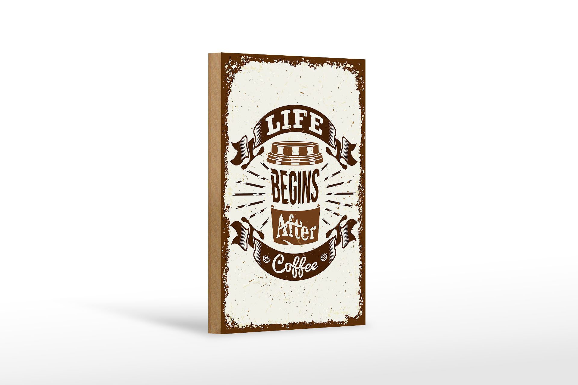 Holzbild Spruch Life begins after Coffee 12x18 cm
