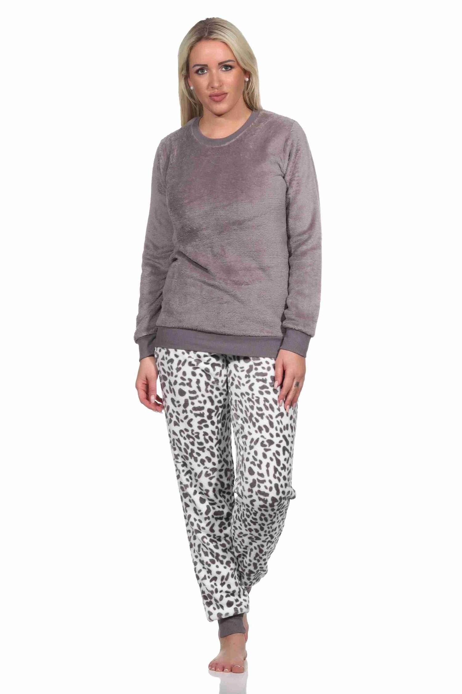 Normann Pyjama Damen langarm Schlafanzug mit Bündchen aus Coralfleece im Animal Look
