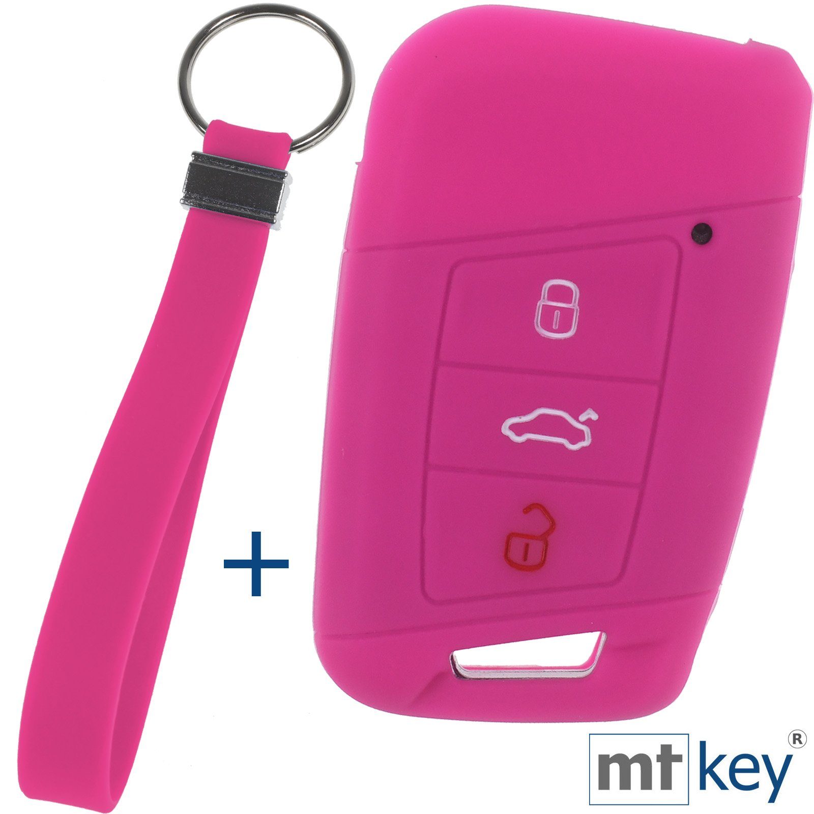 mt-key Schlüsseltasche Autoschlüssel Softcase Silikon Schutzhülle Pink mit Schlüsselband, für VW Passat B8 Arteon Skoda Kodiaq 3 Tasten KEYLESS SMARTKEY