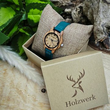Holzwerk Quarzuhr CLARA BLUE kleine Kinder Holz & Leder Armband Uhr, türkis blau, beige