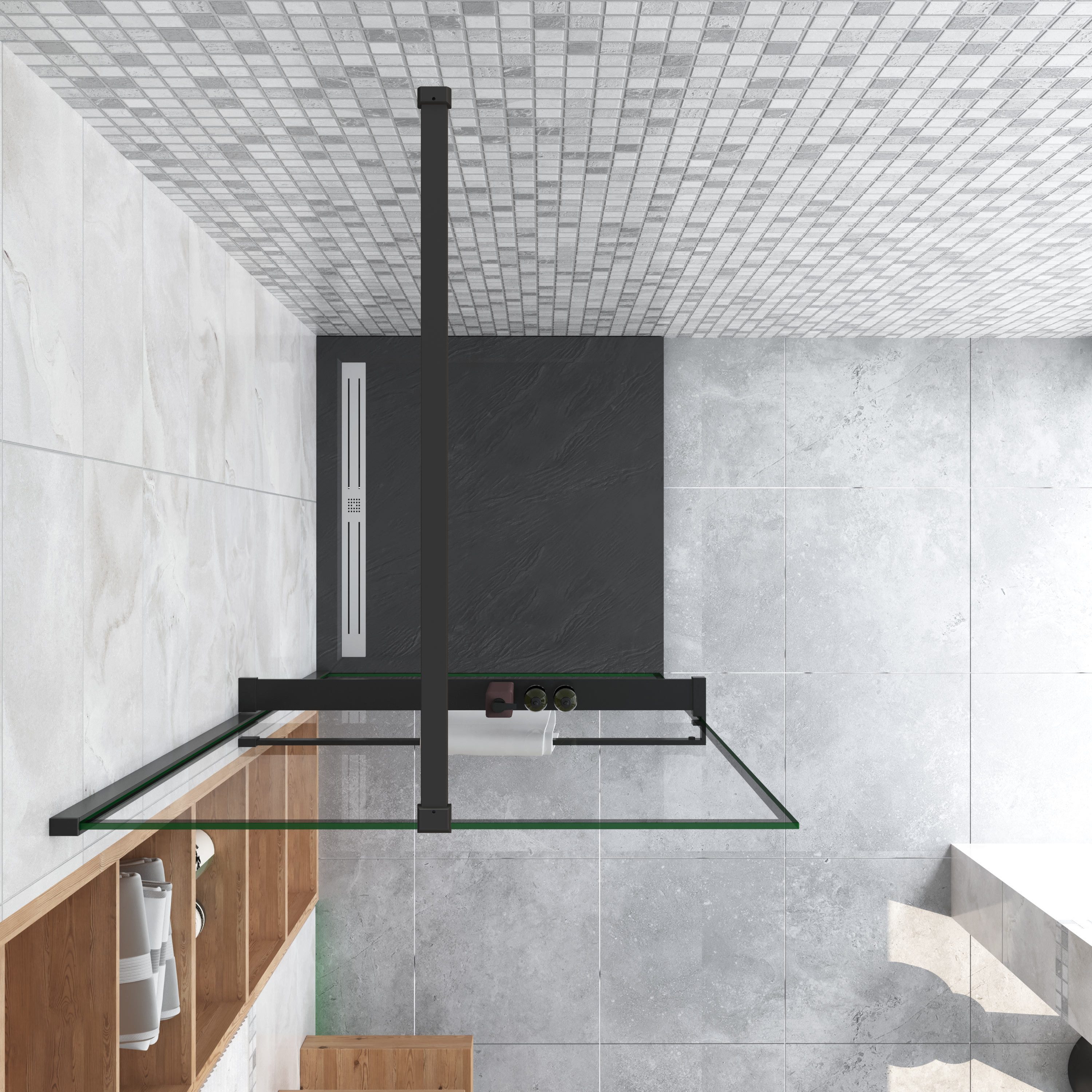 AICA Walk-in-Dusche 200cm Stabilisationsbügel Handtuchhalter schwarz walk in Dusche, Sicherheitsglas, Glas