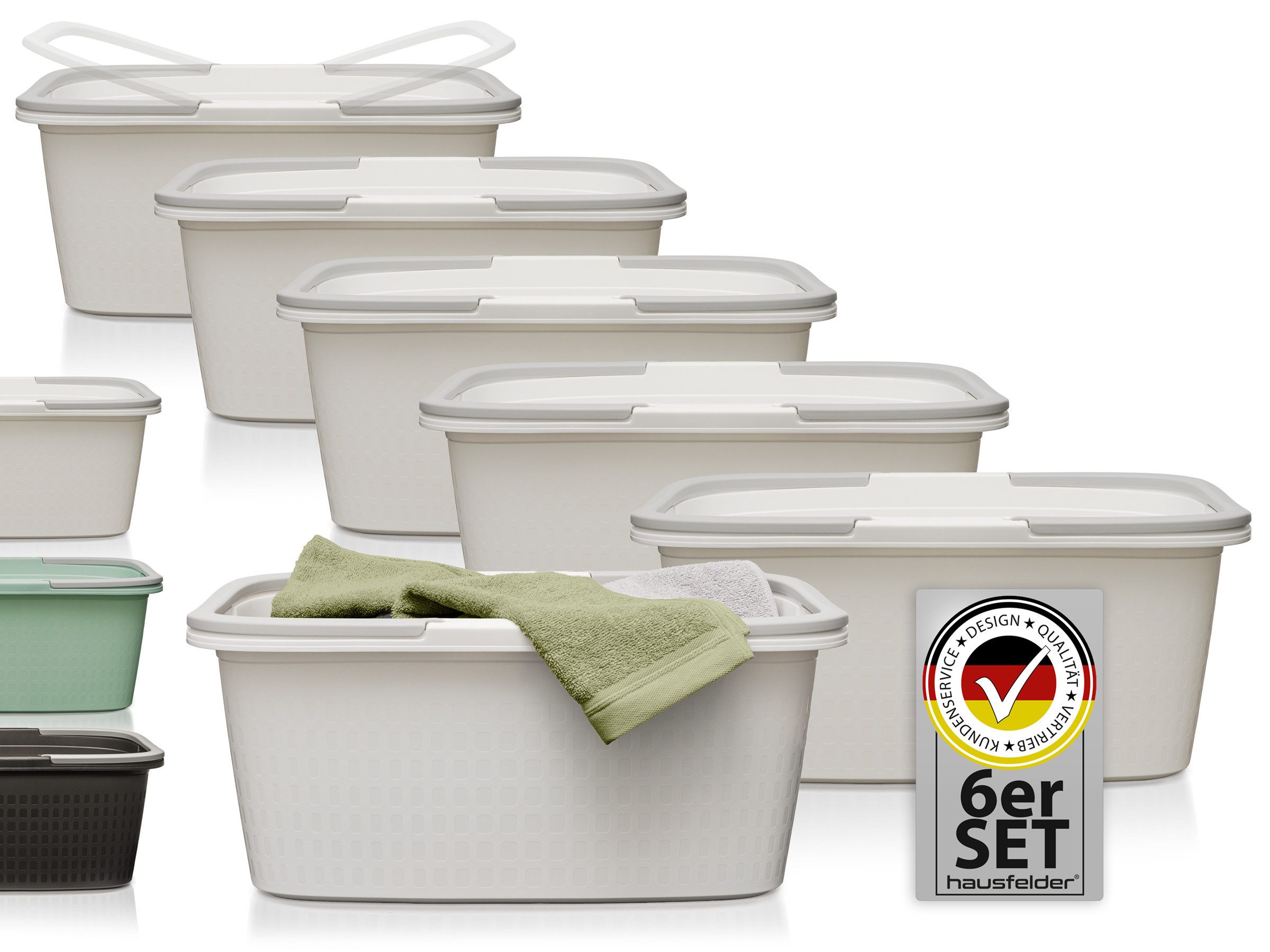 Hausfelder Wäschekorb Wäschewanne 58x37x25cm (Weiß, 6 Wannen, 35 l) (Set, 6 St., 6 x Wäschewannen), mit klappbaren Henkeln, mit Griffen, 35 Liter