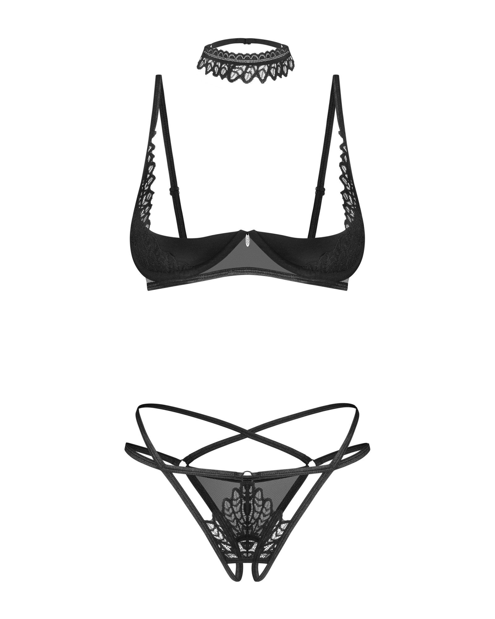 Obsessive Set: Bügel-BH Dessous-Set: BH und String ouvert - schwarz (2-tlg) transparent, offener Schritt