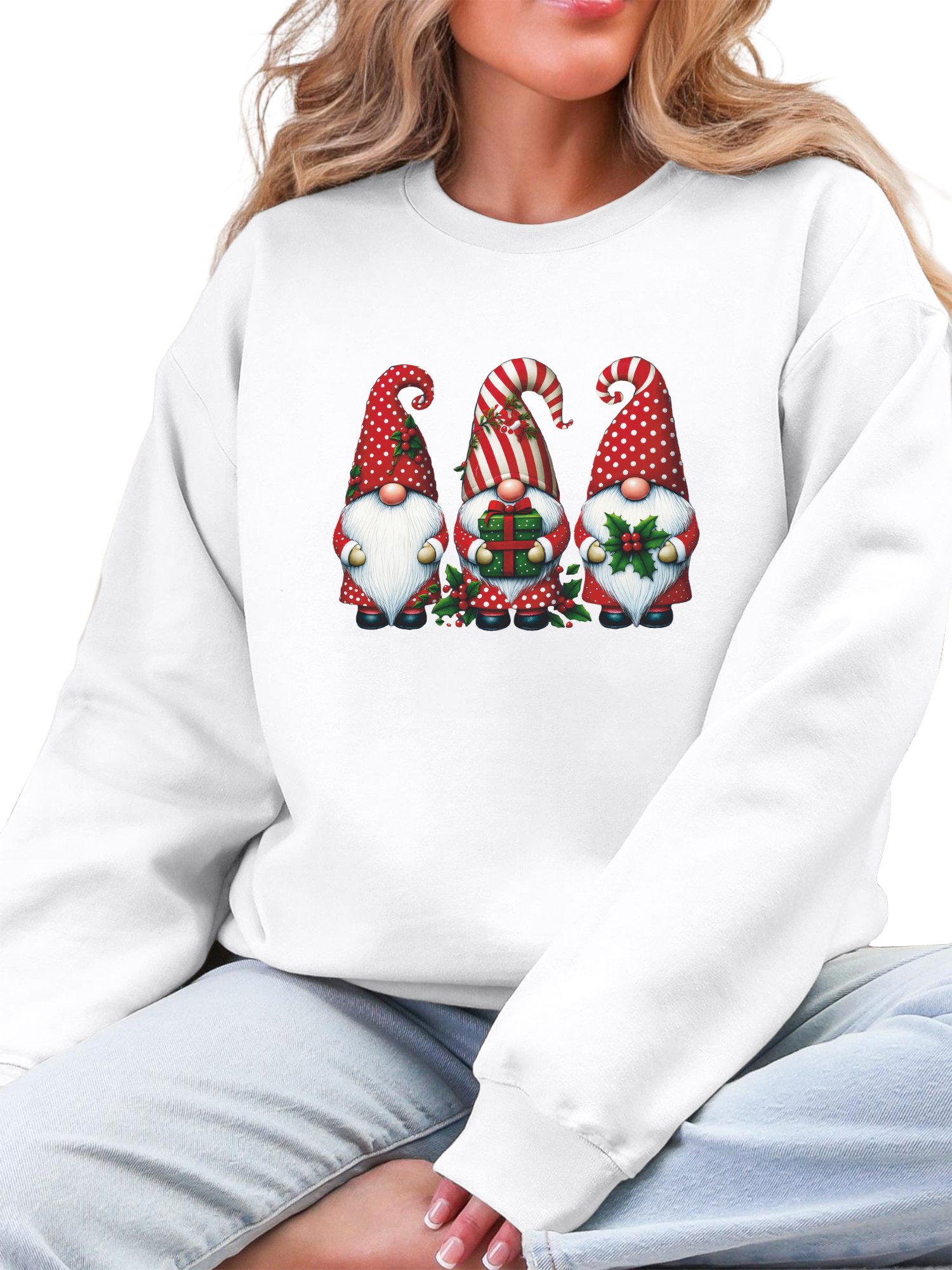 Rundhalspullover Fleecepullover Damen,Sweatshirt mit Weihnachten Print