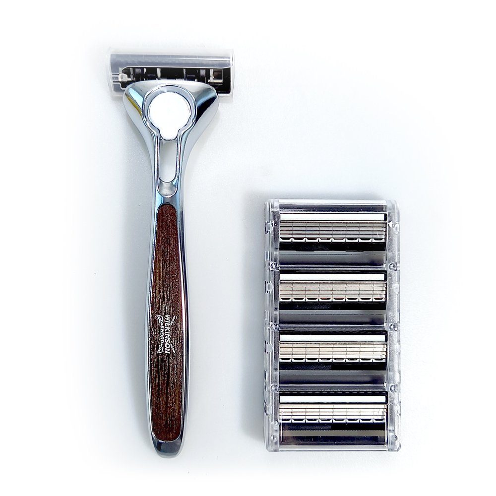 Wilkinson Nassrasierer Quattro Essential 4 Vintage mit 4 Ersatzklingen, Spar-Set, edler Griff in Vintage Design Holzoptik