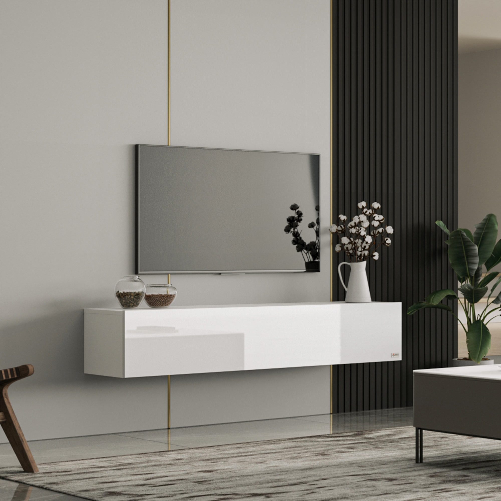 Makika Ablagetisch TV Lowboard / Fernsehtisch - Weiß Hochglanz günstig online kaufen