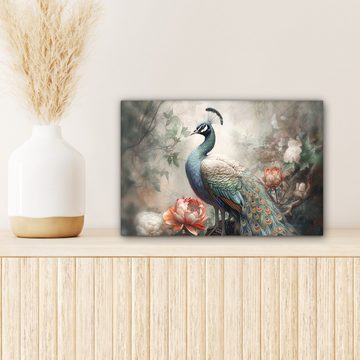 OneMillionCanvasses® Leinwandbild Pfau - Pfauenfedern - Vogel - Dschungel - Blumen, (1 St), Leinwand Bilder Klein, Wand Dekoration 30x20 cm