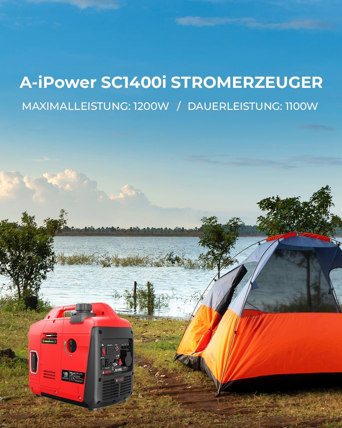 A-iPower Stromerzeuger SC1400i, 1,20 in kW, (Benzin Stromgenerator Generator Notstromaggregat 4-Takt Motor Stromerzeuger Leise 52 dB Generator, 1-tlg), mit 230V Steckdosen und USB