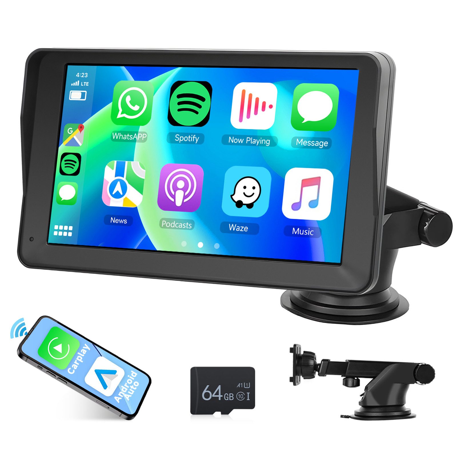 PODOFO 7 Zoll Bildschirm AirPlay Carplay MP5 Tragbarer Smart Player Navigationsgerät (weltweit, Unterstützt Android Auto Wireless CarPlay)